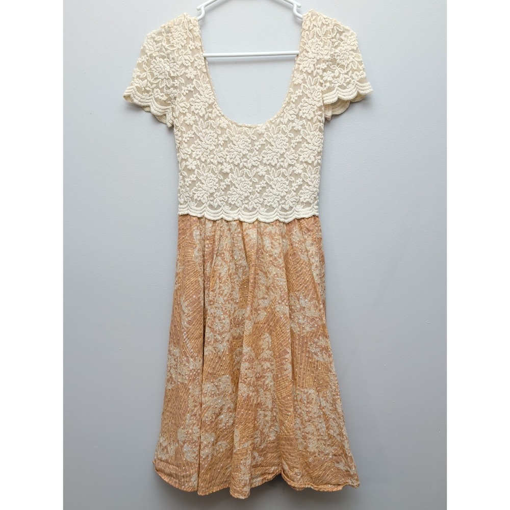 E3 Free People Fit & Flare Dress Lace Bodice Scalloped Sparkles Sz Xs